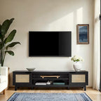 Mobile TV Scandi con ante effetto rattan, 2 ante, rovere costiero/nero, per TV fino a 75"