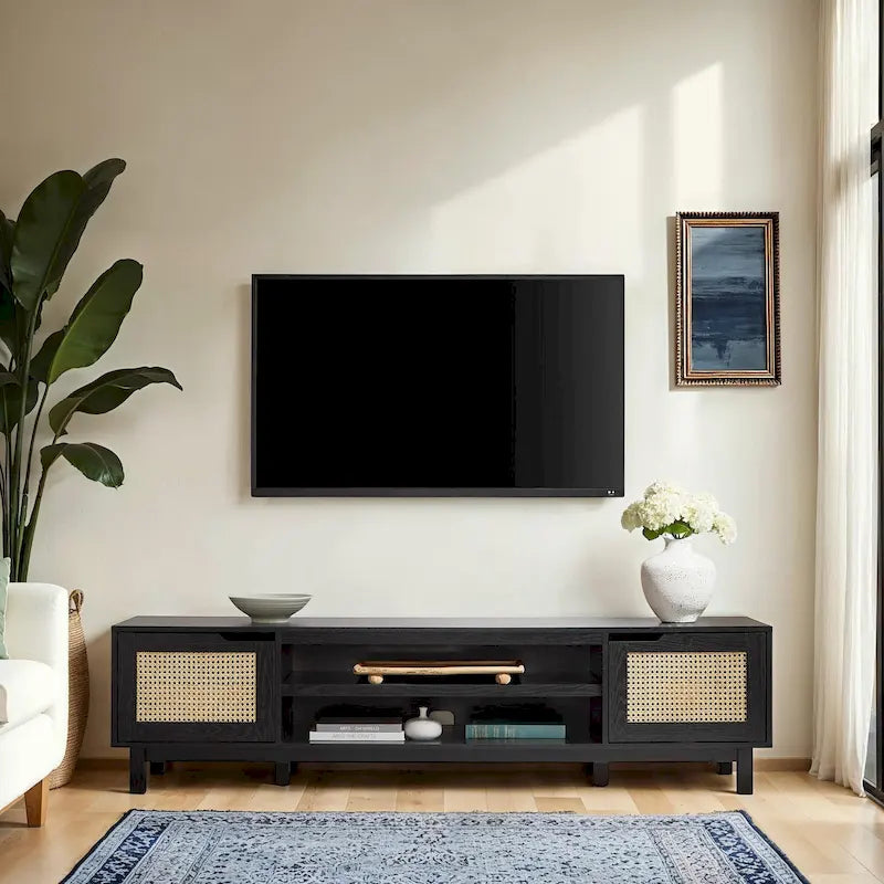 Mobile TV Scandi con ante effetto rattan, 2 ante, rovere costiero/nero, per TV fino a 75"