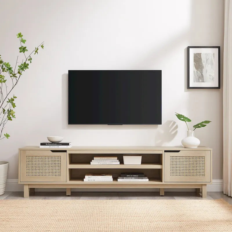 Mobile TV Scandi con ante effetto rattan, 2 ante, rovere costiero/nero, per TV fino a 75"