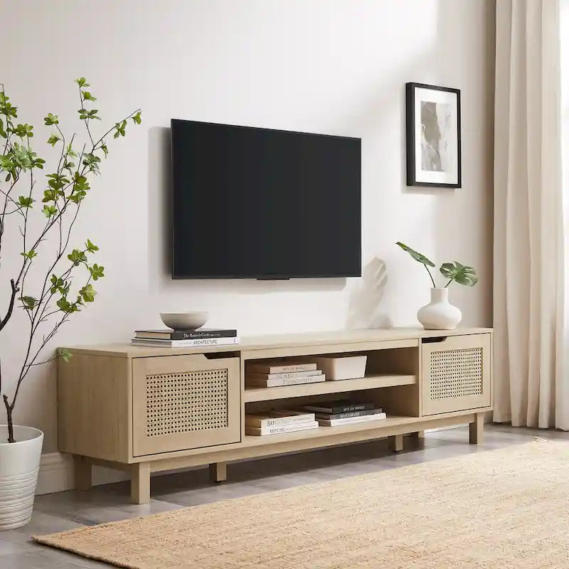 Mobile TV Scandi con ante effetto rattan, 2 ante, rovere costiero/nero, per TV fino a 75"