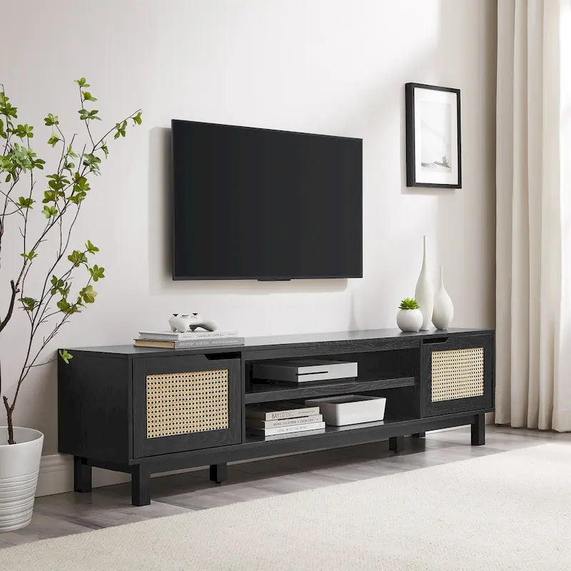Mobile TV Scandi con ante effetto rattan, 2 ante, rovere costiero/nero, per TV fino a 75"