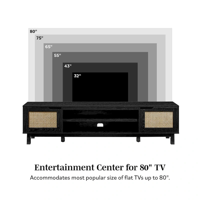 Mobile TV Scandi con ante effetto rattan, 2 ante, rovere costiero/nero, per TV fino a 75"