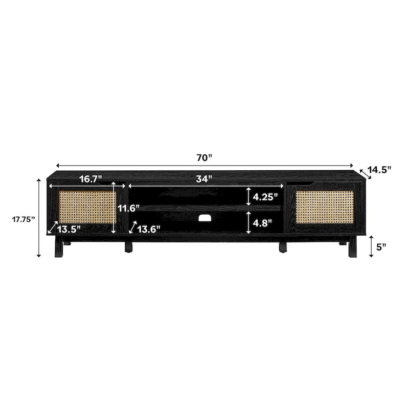 Mobile TV Scandi con ante effetto rattan, 2 ante, rovere costiero/nero, per TV fino a 75"