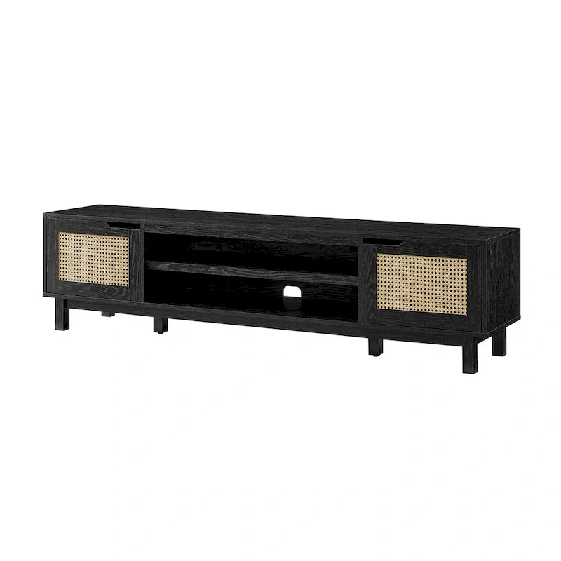Mobile TV Scandi con ante effetto rattan, 2 ante, rovere costiero/nero, per TV fino a 75"
