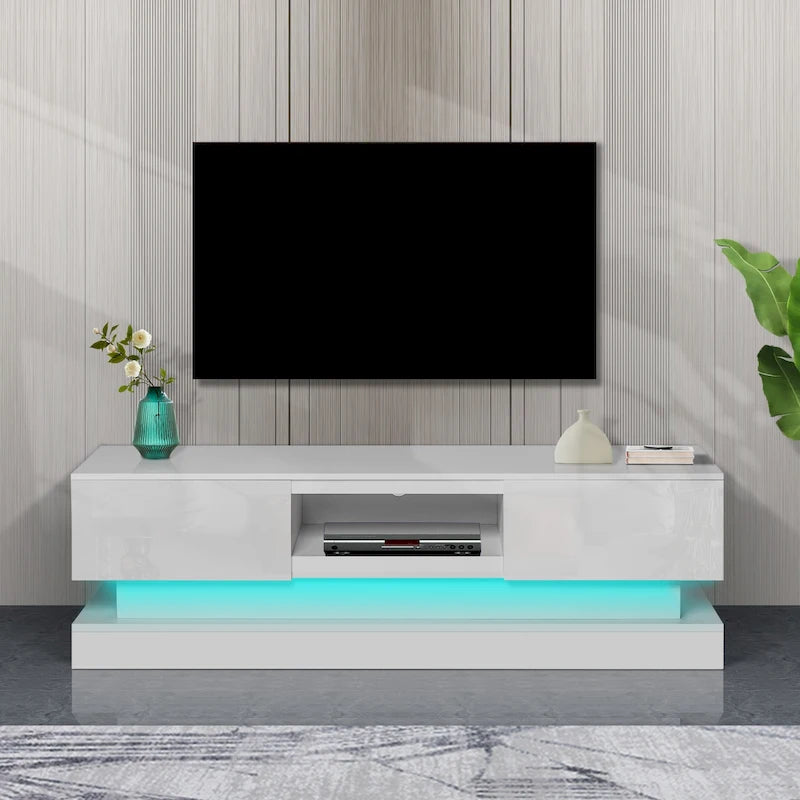 Mobile porta TV moderno bianco con luci LED e 2 cassetti, adatto per TV fino a 65", 1 persona