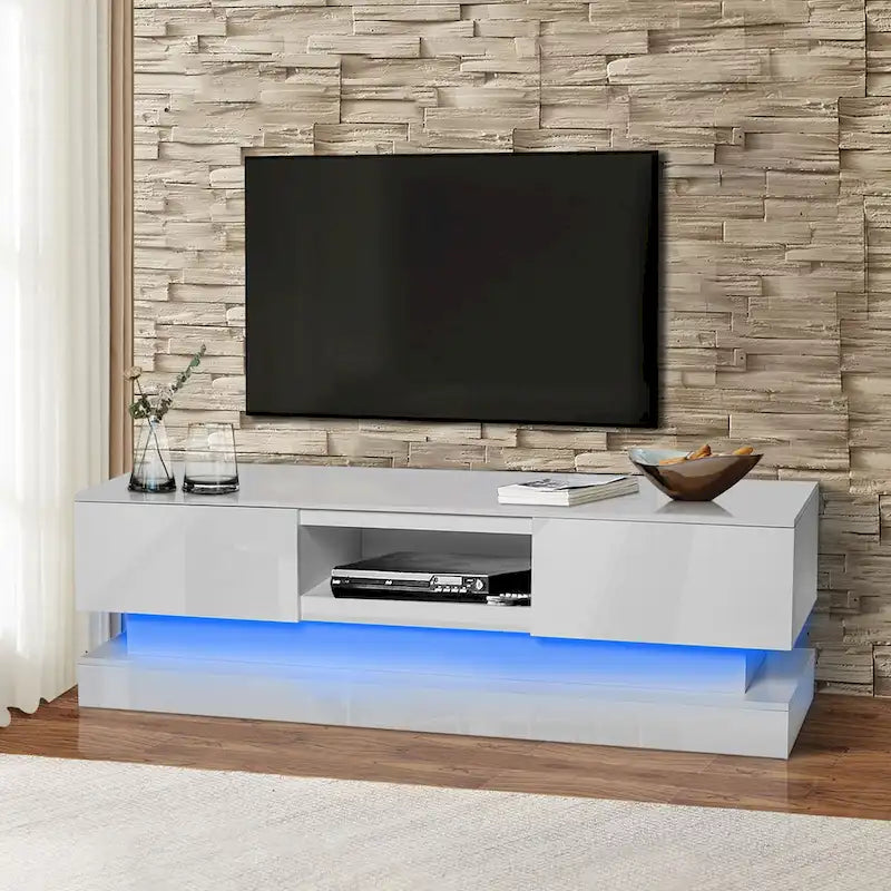 Mobile porta TV moderno bianco con luci LED e 2 cassetti, adatto per TV fino a 65", 1 persona