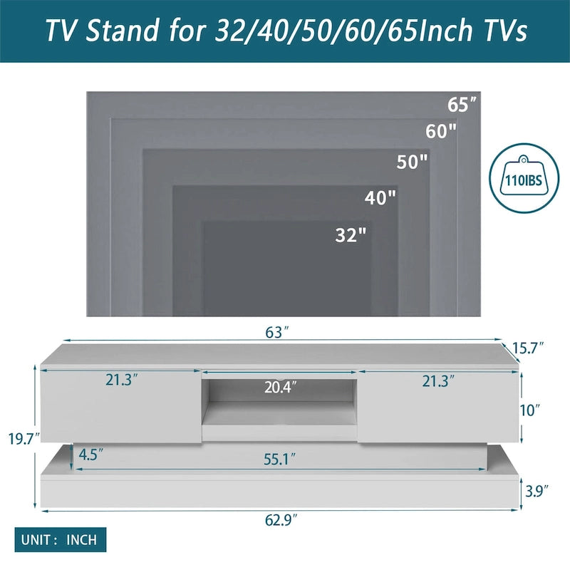 Mobile porta TV moderno bianco con luci LED e 2 cassetti, adatto per TV fino a 65", 1 persona