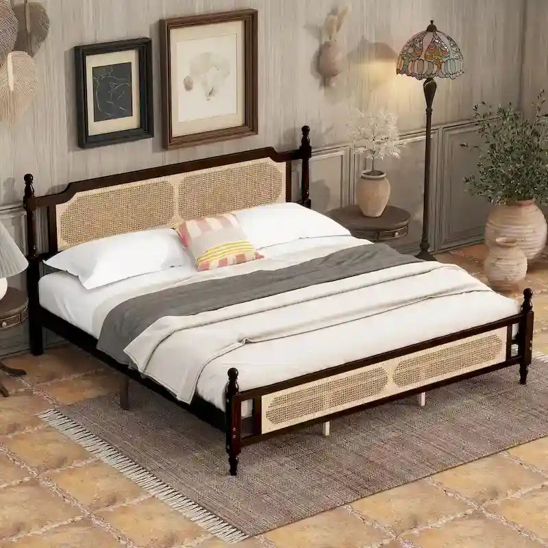 Letto a piattaforma con testiera in rattan espresso, king size, 1 persona