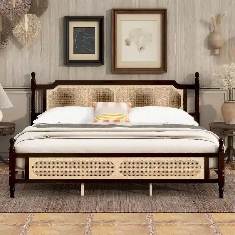 Letto a piattaforma con testiera in rattan espresso, king size, 1 persona