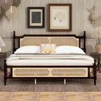 Letto a piattaforma con testiera in rattan espresso, king size, 1 persona