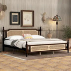 Letto a piattaforma con testiera in rattan espresso, king size, 1 persona