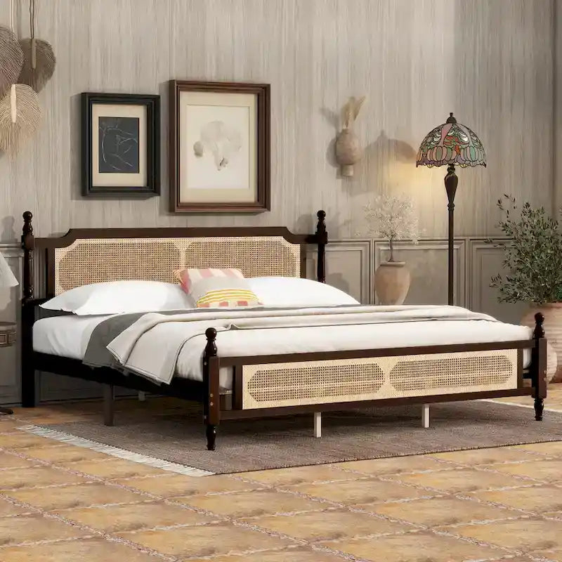 Letto a piattaforma con testiera in rattan espresso, king size, 1 persona