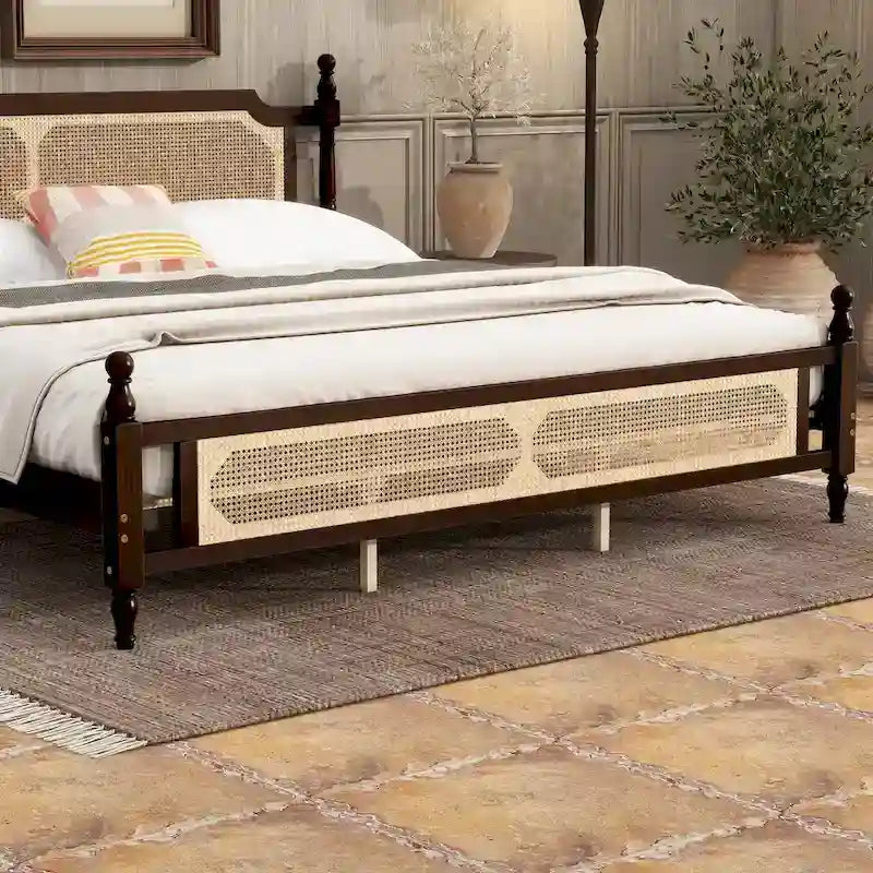 Letto a piattaforma con testiera in rattan espresso, king size, 1 persona