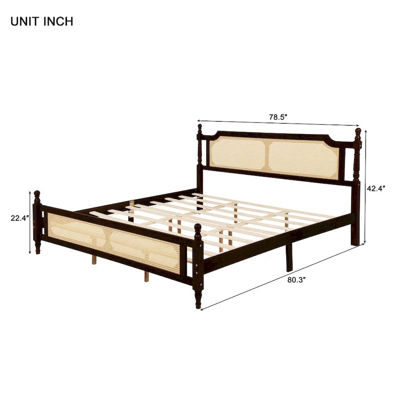 Letto a piattaforma con testiera in rattan espresso, king size, 1 persona