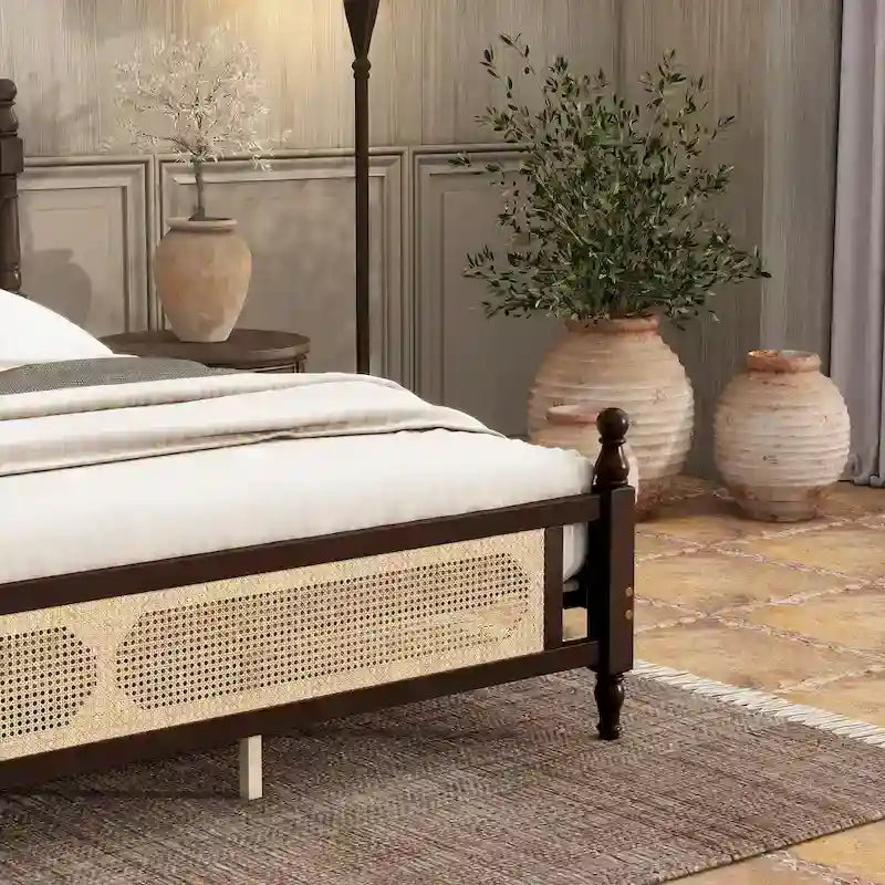 Letto a piattaforma con testiera in rattan espresso, king size, 1 persona
