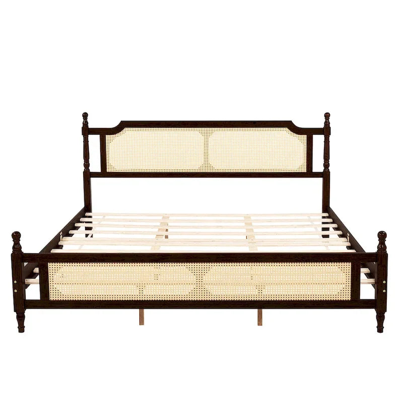 Letto a piattaforma con testiera in rattan espresso, king size, 1 persona