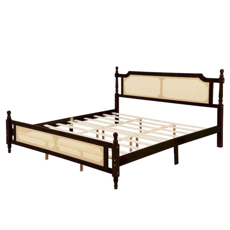 Letto a piattaforma con testiera in rattan espresso, king size, 1 persona