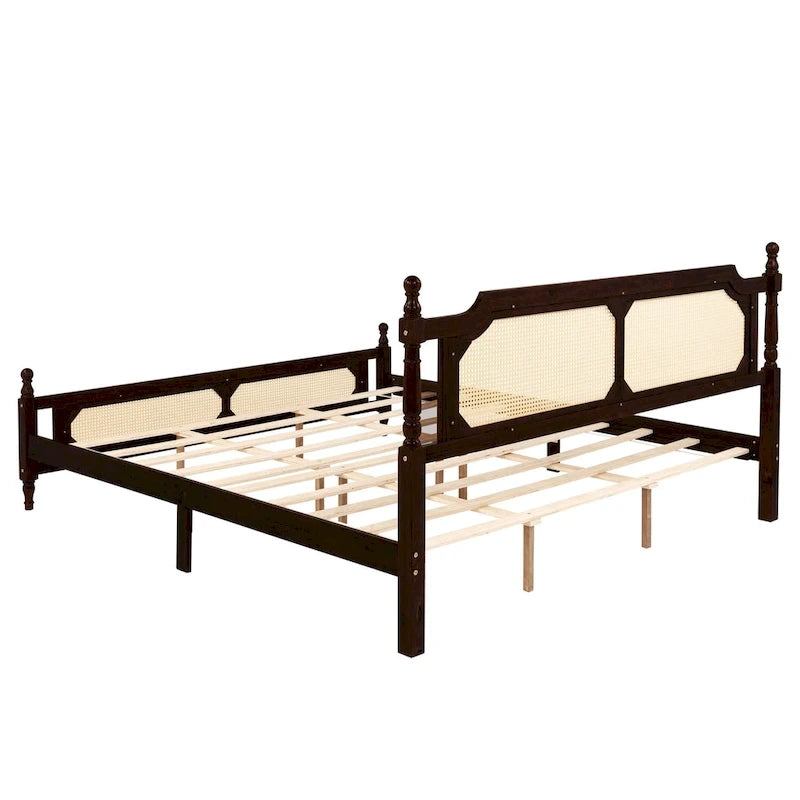 Letto a piattaforma con testiera in rattan espresso, king size, 1 persona