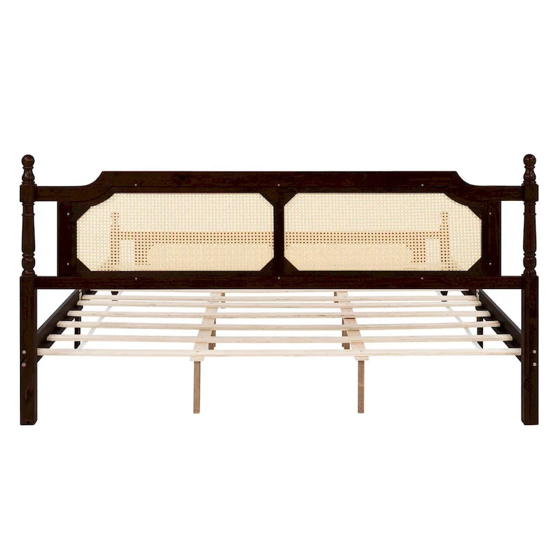 Letto a piattaforma con testiera in rattan espresso, king size, 1 persona