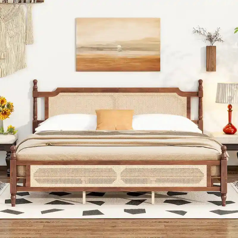 Letto a piattaforma con testiera in rattan espresso, king size, 1 persona