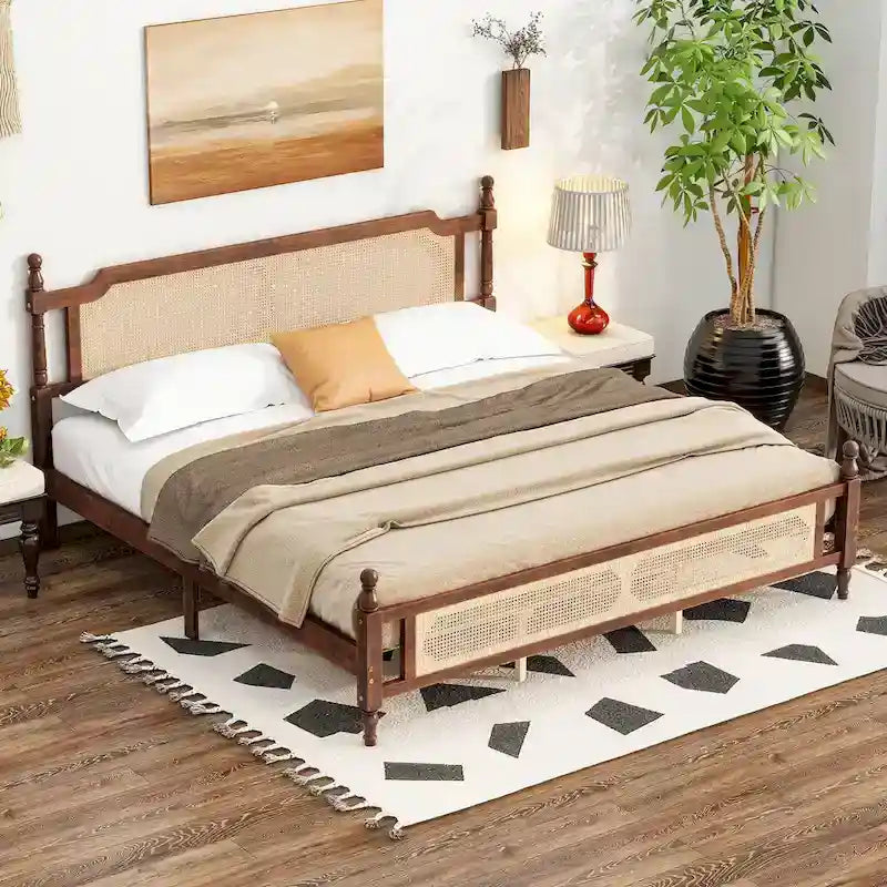 Letto a piattaforma con testiera in rattan espresso, king size, 1 persona