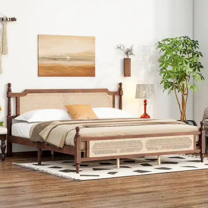 Letto a piattaforma con testiera in rattan espresso, king size, 1 persona