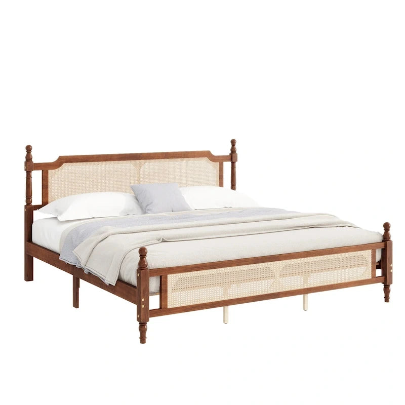 Letto a piattaforma con testiera in rattan espresso, king size, 1 persona