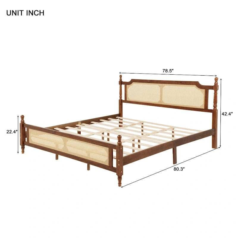 Letto a piattaforma con testiera in rattan espresso, king size, 1 persona