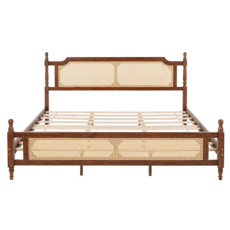 Letto a piattaforma con testiera in rattan espresso, king size, 1 persona