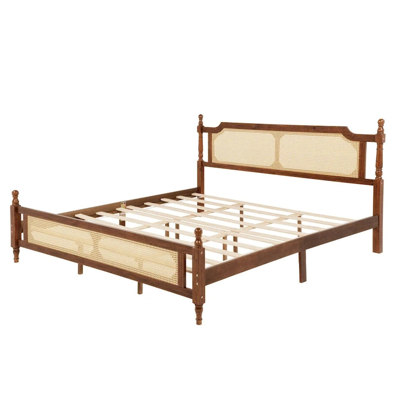 Letto a piattaforma con testiera in rattan espresso, king size, 1 persona