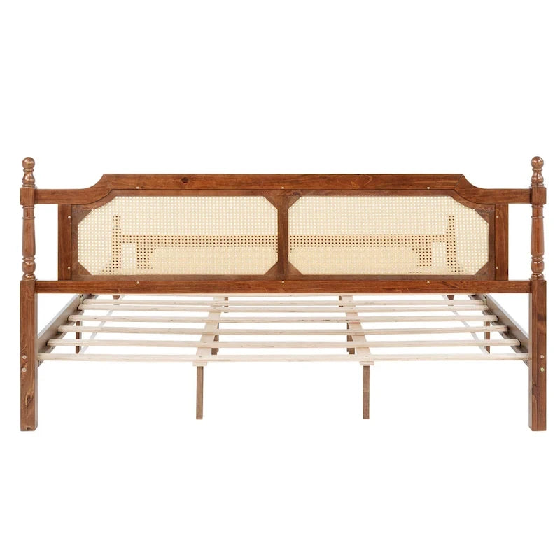 Letto a piattaforma con testiera in rattan espresso, king size, 1 persona