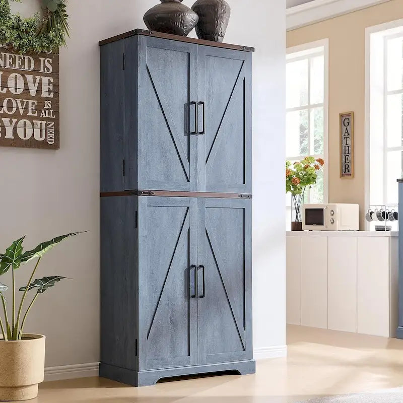 Mobile da cucina rustico blu/grigio/marrone/nero/bianco con ante a scomparsa e doppie porte scorrevoli, per 1 persona