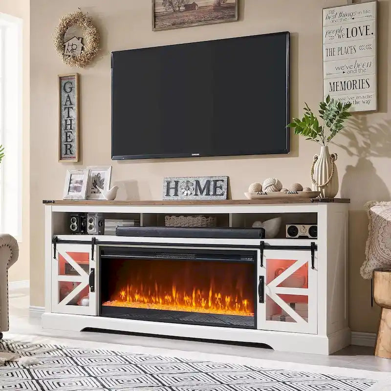 Mobile TV con caminetto elettrico Farmhouse, in rovere rustico/bianco, per TV fino a 80", 4 colori