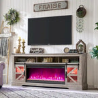 Mobile TV con caminetto elettrico Farmhouse, in rovere rustico/bianco, per TV fino a 80", 4 colori