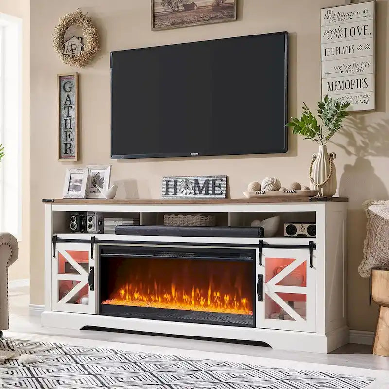 Mobile TV con caminetto elettrico Farmhouse, in rovere rustico/bianco, per TV fino a 80", 4 colori