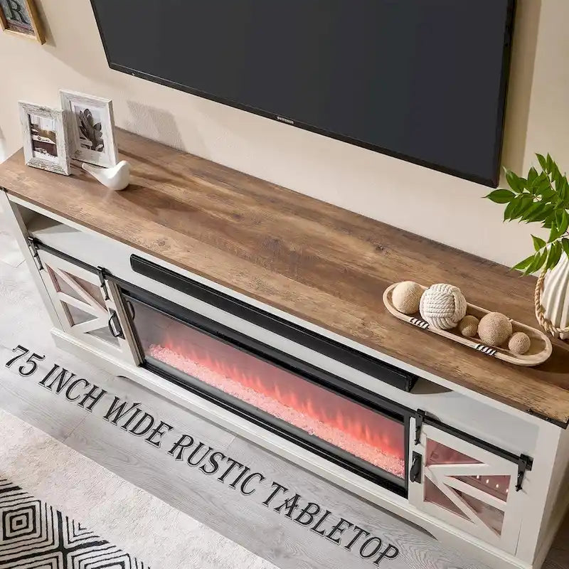 Mobile TV con caminetto elettrico Farmhouse, in rovere rustico/bianco, per TV fino a 80", 4 colori