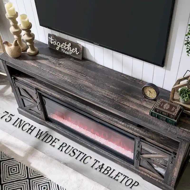 Mobile TV con caminetto elettrico Farmhouse, in rovere rustico/bianco, per TV fino a 80", 4 colori