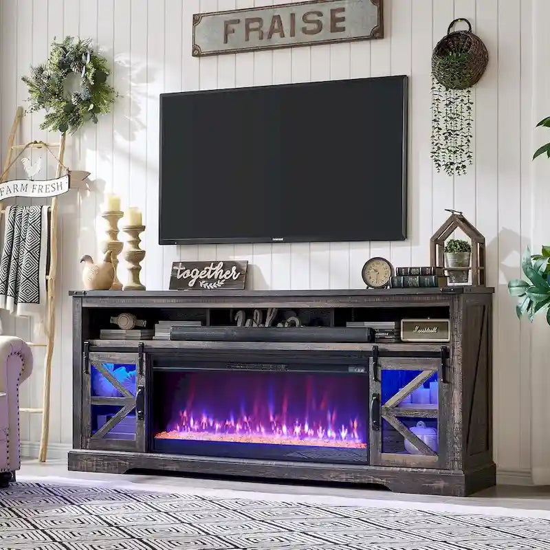 Mobile TV con caminetto elettrico Farmhouse, in rovere rustico/bianco, per TV fino a 80", 4 colori