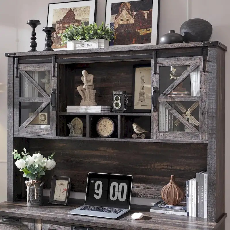 Credenza da scrivania da fattoria con ante scorrevoli singole, color rovere scuro anticato/rovere naturale