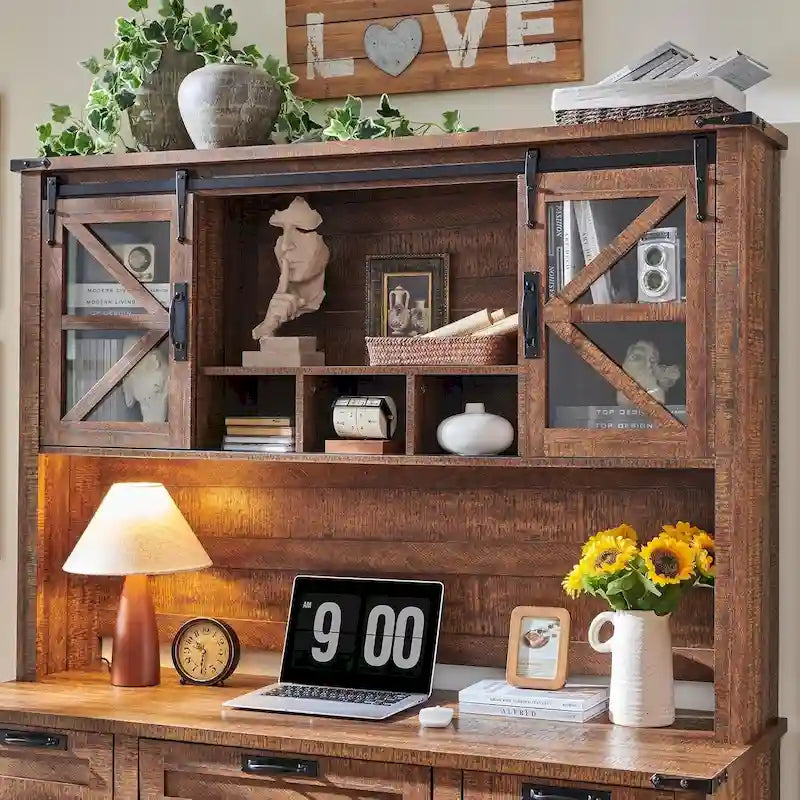 Credenza da scrivania da fattoria con ante scorrevoli singole, color rovere scuro anticato/rovere naturale