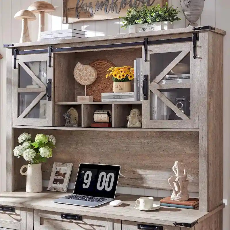 Credenza da scrivania da fattoria con ante scorrevoli singole, color rovere scuro anticato/rovere naturale