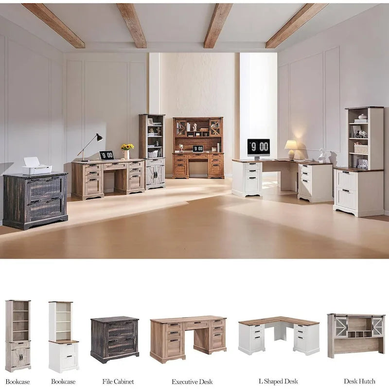 Credenza da scrivania da fattoria con ante scorrevoli singole, color rovere scuro anticato/rovere naturale