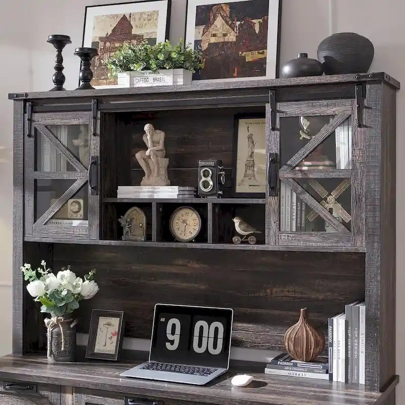 Credenza da scrivania da fattoria con ante scorrevoli singole, color rovere scuro anticato/rovere naturale