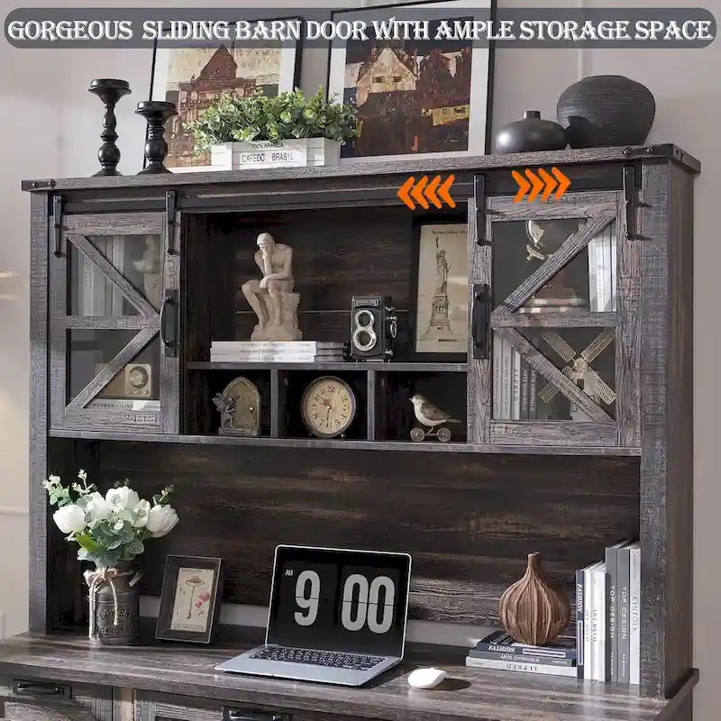 Credenza da scrivania da fattoria con ante scorrevoli singole, color rovere scuro anticato/rovere naturale