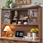 Credenza da scrivania da fattoria con ante scorrevoli singole, color rovere scuro anticato/rovere naturale