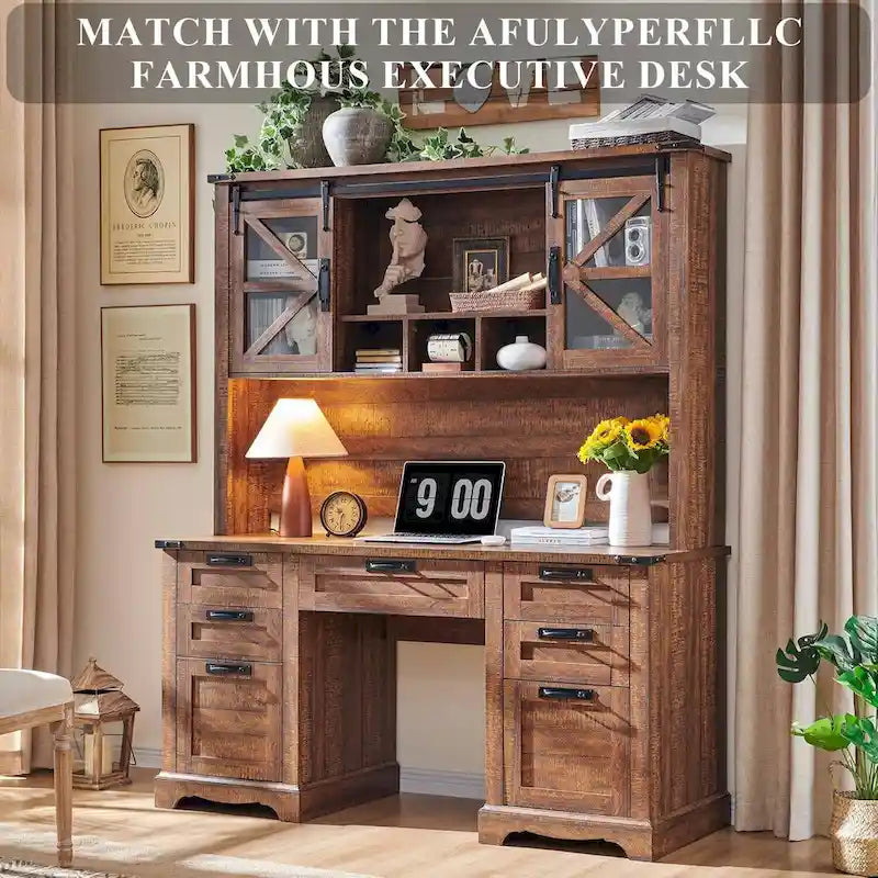 Credenza da scrivania da fattoria con ante scorrevoli singole, color rovere scuro anticato/rovere naturale