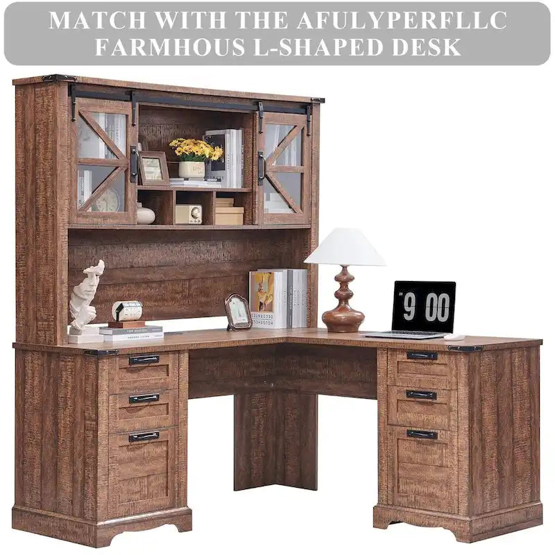 Credenza da scrivania da fattoria con ante scorrevoli singole, color rovere scuro anticato/rovere naturale