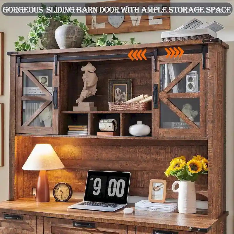 Credenza da scrivania da fattoria con ante scorrevoli singole, color rovere scuro anticato/rovere naturale