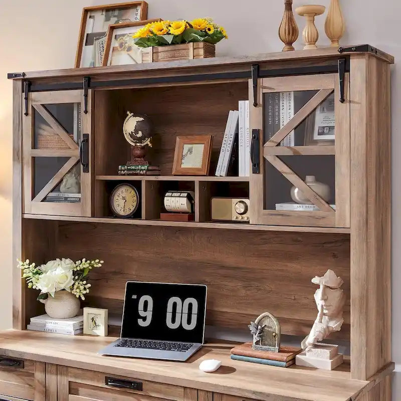Credenza da scrivania da fattoria con ante scorrevoli singole, color rovere scuro anticato/rovere naturale
