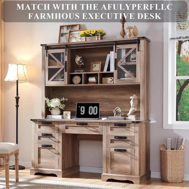 Credenza da scrivania da fattoria con ante scorrevoli singole, color rovere scuro anticato/rovere naturale